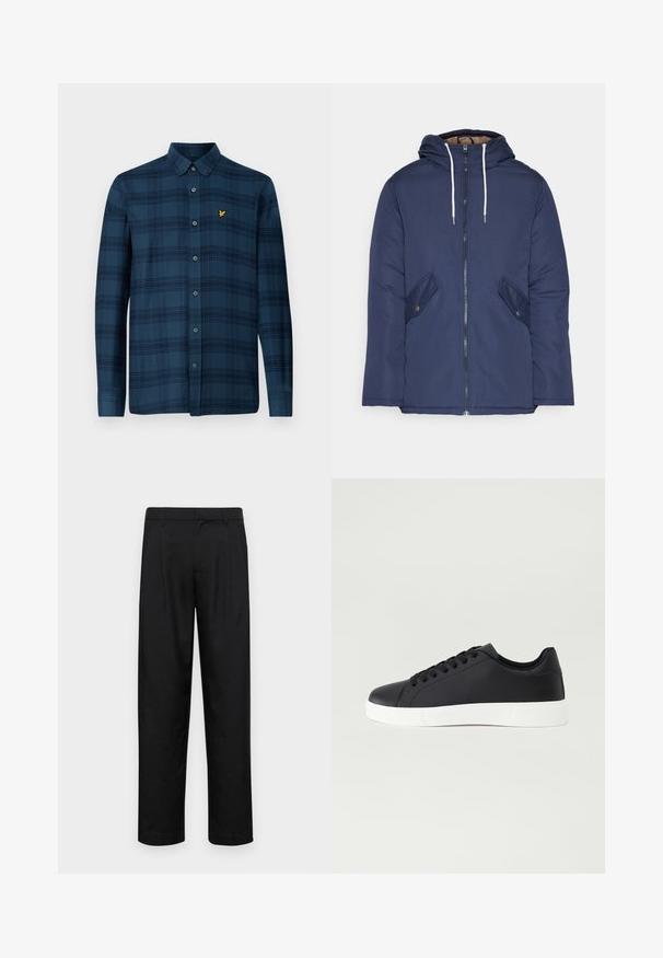 Chaqueta acolchada de color azul marino con capucha, cuenta con un cierre frontal de cremallera, dos bolsillos laterales con botones y cordones blancos.; Lyle & Scott TONAL CHECK - Camisa - dark navy/dark denim; Pantalones negros de tela suave, con un diseño de pierna recta, dos pliegues frontales y una cintura estándar con trabillas para el cinturón.; Pier One UNISEX - Zapatillas - black