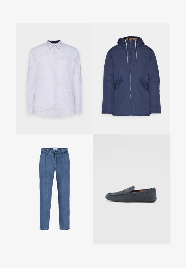 Veste matelassée bleu marine avec capuche, dotée d'une fermeture éclair à l'avant, de deux poches latérales avec boutons et de cordons de serrage blancs.; Chemise blanche à manches longues avec de petits pois navy, col boutonné et poche poitrine. Présente des poignets boutonnés et une texture lisse.; Pantalon en denim bleu clair avec une coupe décontractée, présentant une taille haute, deux plis à l'avant et un ourlet retroussé. Fermeture simple avec bouton et zip.; Mocassins perforés gris avec un design à enfiler, présentant un accent orange, un bout arrondi et une semelle extérieure en caoutchouc texturé.