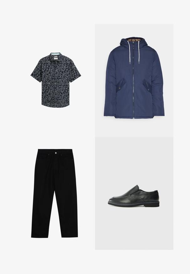 Marineblau gepadded Jacke mit Kapuze, ausgestattet mit einem Reißverschluss vorne, zwei seitlichen Taschen mit Knöpfen und weißen Kordeln.; Kurzärmliges Hemd aus navyfarbener Baumwolle mit einem weißen Blumenmuster, lässigem Kragen und geradem Saum mit zwei Knöpfen.; Schwarze Jeans mit geradem Schnitt, Fünf-Taschen-Design und einem vorderen Knopfverschluss. Glatte Textur mit minimalen Nähten.; Schwarze Leder-Slipper mit glattem Obermaterial, gesteppten Akzenten, runder Zehenpartie und niedrigem Gummiabsatz. Die Sohle hat ein minimales Profil.