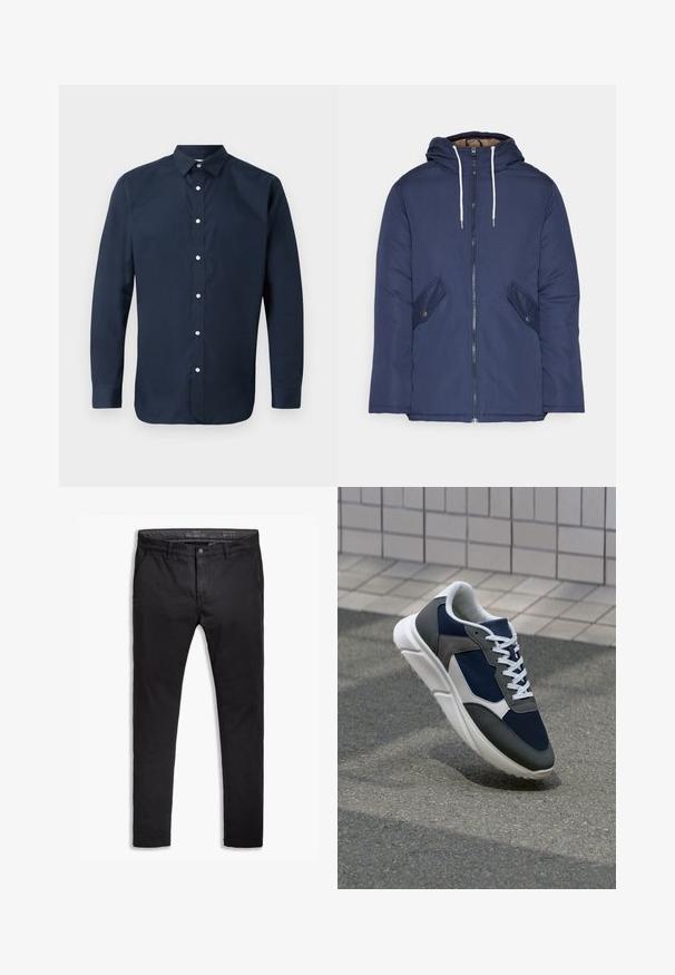 Marineblå polstret jakke med hette, med glidelås foran, to sidelommer med knapper og hvite snorer.; Marineblå langermet skjorte laget av glatt bomull med sprekkkrage, knappestolpe foran og knapper på mansjettene. Ingen synlige mønstre.; Svart bomullskino med en tapered passform, med fem lommer, beltehemper og en jevn tekstur. Glidelås med knappelukking.; Sneakers med en navy blå mesh-overdel, grå sømværk, hvit gummisåle og flate hvite snører, designet for komfort og pusteevne.