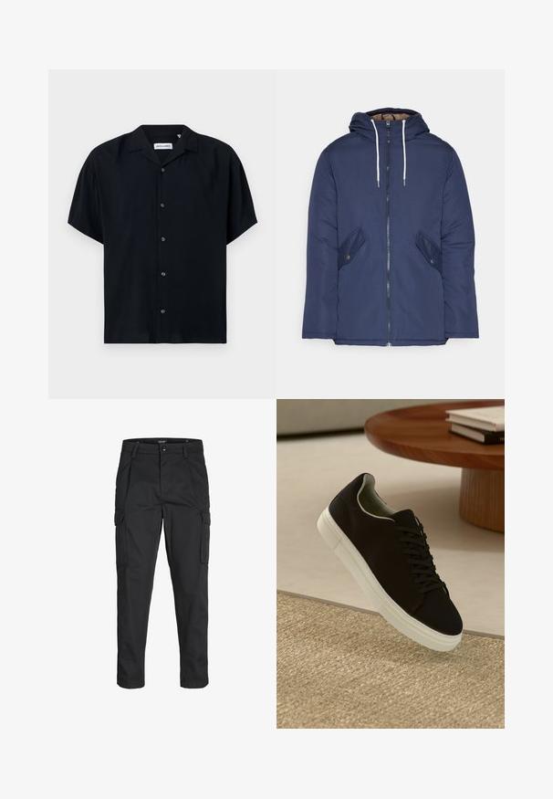 Jūrinė mėlyna pūkinė striukė su kapišonu, turinti priekinį užtrauktuką, dvi šonines kišenes su sagomis ir baltus raiščius.; Trumpas rankovėmis juodas marškinėlis, pagamintas iš lengvos medžiagos, su apykakle, mygtukų užsegimu ir laisvu siluetu. Paprastas, vienspalvis dizainas be raštų.; Juodi krovinių tipo džinsai, pagaminti iš tvirto audinio, su keliais kišeniais, mygtuko uždarymu ir siauru, prigludusiu dizainu su siaurėjančiomis kojomis.; Juodas sportinis batelis su baltu padu, lekiančius virš smėlio spalvos tekstūruoto kilimo šalia apvalaus medinio stalo su sukrautomis knygomis.