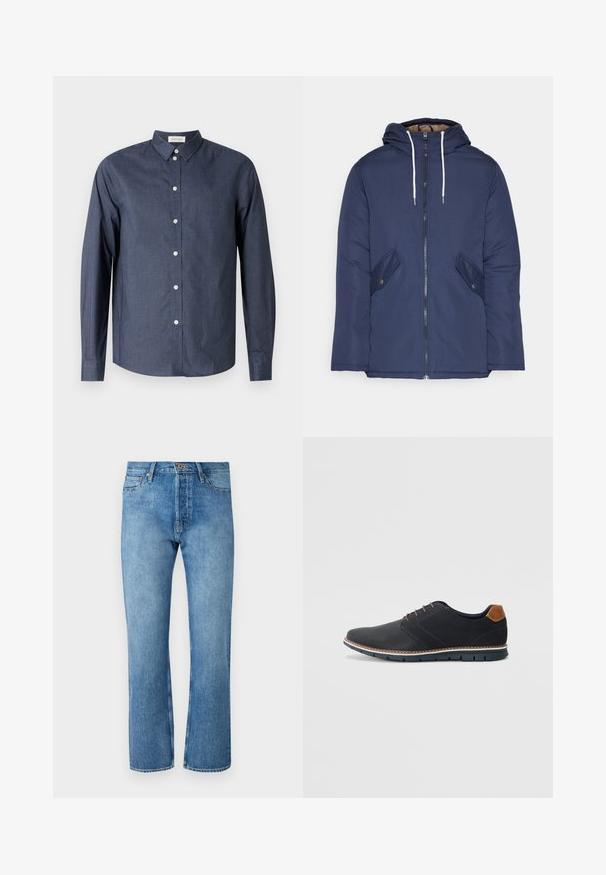 Laivasilkkinen vuorattu takki hupulla, jossa on etuvetoketju, kaksi nappikiinnityksellä varustettua sivutaskua ja valkoiset nyörit.; Laivansinis pitkähihaisuus nappipaita, joka on valmistettu sileästä kankaasta; siinä on klassinen kaulus, valkoiset napit ja kaareva helma.; Vaaleansiniset farkut suoran lahkeensuunnitelman kanssa, joissa on klassinen viisi taskua -muotoilu, nappikiinnitys ja poikkitikkaukset.; Mustat synteettiset kengät, joissa on teksturoitu päällinen, sileät yksityiskohdat, ruskea kanta ja erottuva pohja. Ominaisuuksina minimaalinen nauhoitus ja ompeluyksityiskohdat.