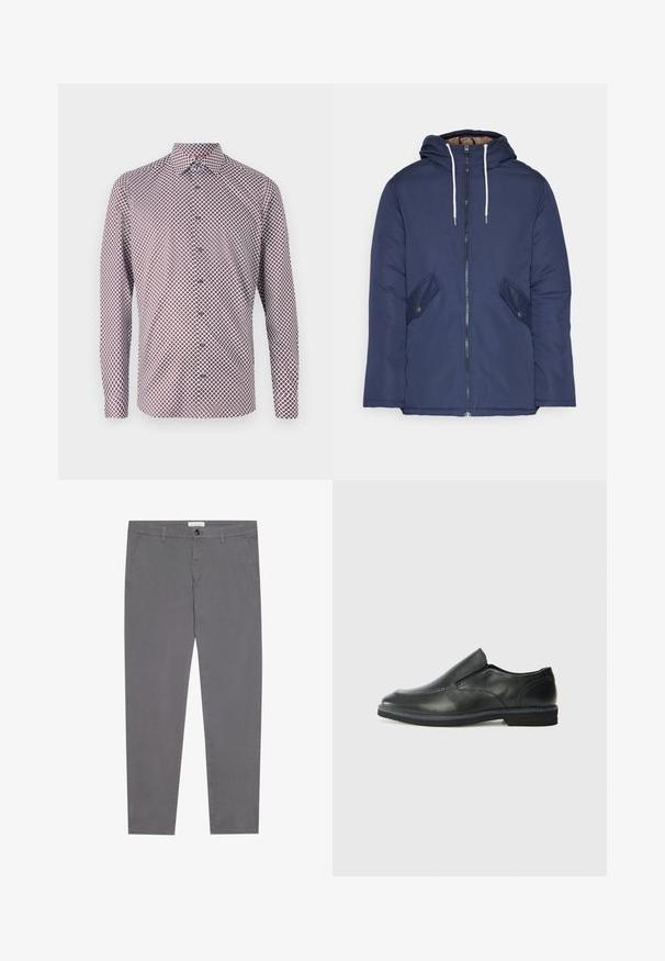 Jūrinė mėlyna pūkinė striukė su kapišonu, turinti priekinį užtrauktuką, dvi šonines kišenes su sagomis ir baltus raiščius.; IlgaRankovė marškiniai su sagomis, baltos spalvos su raudonai ir tamsiai mėlynos spalvos geometriniu raštu. Turi apykaklę, rankogalius ir tiesią kirpimą.; Pilki medvilniniai kelnes su slim fit kirpimu, turinčios du priekinius kišenes, vieną nugarinę kišenę ir sagos uždarymą juosmens srityje.; Juodai odiniai įtvirtinimo batai su lygiu paviršiumi, siuvinėjimo akcentais, apvalia nosimi ir žemu guminiu kulnu. Pado raštas minimalus.