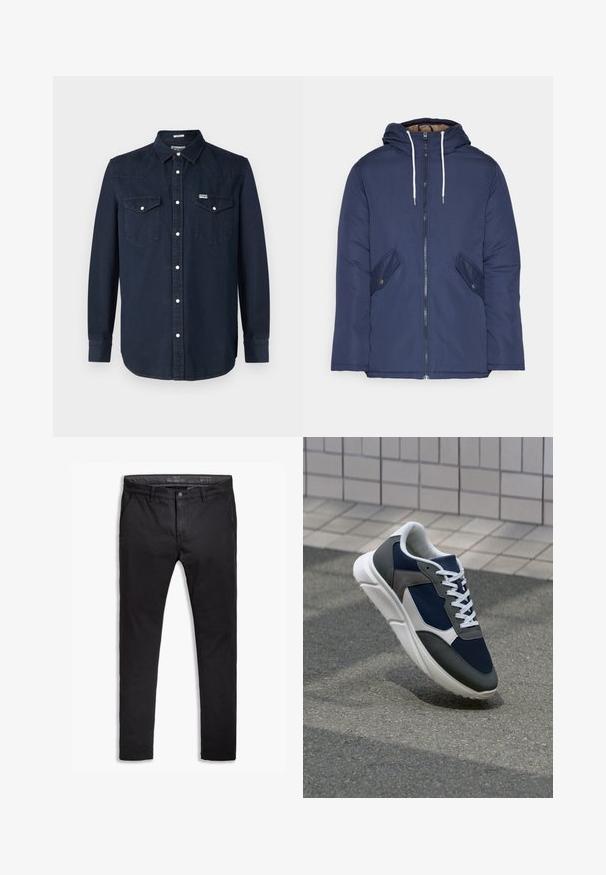 Chaqueta acolchada de color azul marino con capucha, cuenta con un cierre frontal de cremallera, dos bolsillos laterales con botones y cordones blancos.; Camisa de mezclilla azul oscuro con mangas largas, cuello puntiagudo, dos bolsillos en el pecho y cierres de botón blancos. Presenta detalles de costuras en contraste.; Chinos de algodón negro con un ajuste entallado, que cuentan con cinco bolsillos, pasadores para cinturón y una textura suave. Cierre de cremallera con botón.; Zapatillas con una parte superior de malla azul marino, detalles en gamuza gris, suela de goma blanca y cordones blancos planos, diseñadas para la comodidad y transpirabilidad.