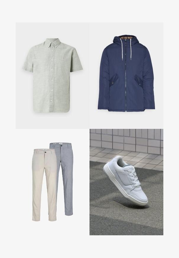 Jūrinė mėlyna pūkinė striukė su kapišonu, turinti priekinį užtrauktuką, dvi šonines kišenes su sagomis ir baltus raiščius.; Trumpas rankovėms, šviesiai žalias medvilninis marškinėlis su mygtukų apykakle, priekiniais mygtukais ir mažomis siuvinėtomis detalėmis krūtinėje.; Šviesiai smėliniai ir šviesiai mėlyni kelnės, pagamintos iš audinio, pasižyminčios lygiu paviršiumi, tiesiu kirpimu, diržo kilpomis ir mygtuko užsegimu.; Baltos odinės sportinės bateliai su perforuotais šonais, tekstūruotais akcentais, plokščiomis raištelėmis ir kontrastingu pilku kulnu. Yra šiek tiek pakelti padas.