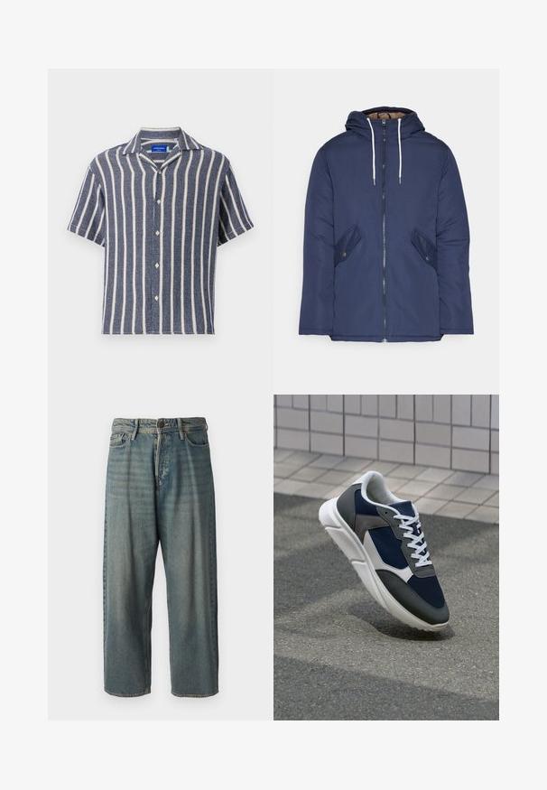 Veste matelassée bleu marine avec capuche, dotée d'une fermeture éclair à l'avant, de deux poches latérales avec boutons et de cordons de serrage blancs.; Chemise à manches courtes en bleu marine avec des rayures blanches verticales. Fabriquée en tissu texturé, elle possède un col à revers et une fermeture à boutons.; Jeans en denim bleu clair avec une coupe ample, taille mi-haute et jambes droites. Comprend cinq poches, des passants de ceinture et une fermeture à bouton.; Baskets avec une tige en mesh bleu marine, des accents en suède gris, une semelle en caoutchouc blanc et des lacets plats blancs, conçues pour le confort et la respirabilité.