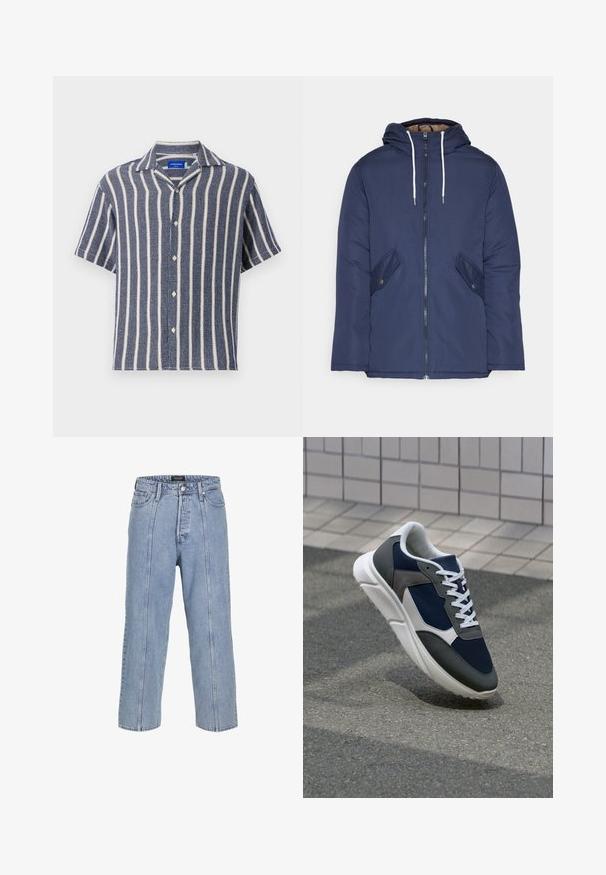 Veste matelassée bleu marine avec capuche, dotée d'une fermeture éclair à l'avant, de deux poches latérales avec boutons et de cordons de serrage blancs.; Chemise à manches courtes en bleu marine avec des rayures blanches verticales. Fabriquée en tissu texturé, elle possède un col à revers et une fermeture à boutons.; Jean en denim bleu clair avec une coupe ample, des jambes larges et des détails de couture visibles. Il dispose d'une fermeture à bouton et zip, ainsi que de cinq poches.; Baskets avec une tige en mesh bleu marine, des accents en suède gris, une semelle en caoutchouc blanc et des lacets plats blancs, conçues pour le confort et la respirabilité.