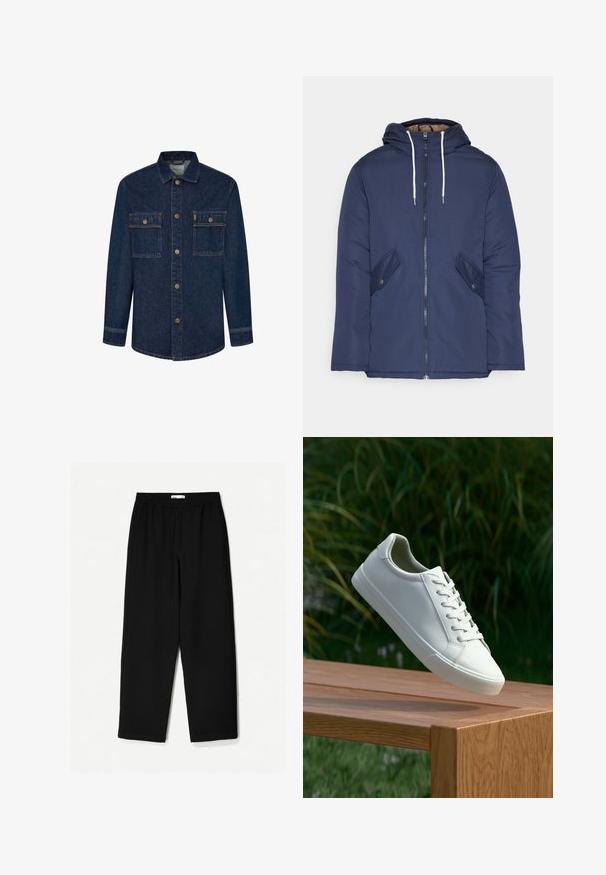 Laivasilkkinen vuorattu takki hupulla, jossa on etuvetoketju, kaksi nappikiinnityksellä varustettua sivutaskua ja valkoiset nyörit.; Tummansininen farkkutakki pitkillä hihoilla, kahdella rintataskulla ja nappisuljennalla. Korostaa kontrastivärisiä tikkejä ja kauluksellista kaula-aukkoa.; Mustat, leveät lahkeet tehty kevyestä kankaasta. Ominaisuuksiin kuuluu joustava vyötärö ja sileä tekstuuri. Ei näkyviä kuvioita tai kiinnikkeitä.; Valkoiset nauhalla kiinnitettävät lenkkarit leijuvat puupenkillä, taustalla vihreää kasvillisuutta, tuoden esiin kengän muotoilua ja pintarakennetta.