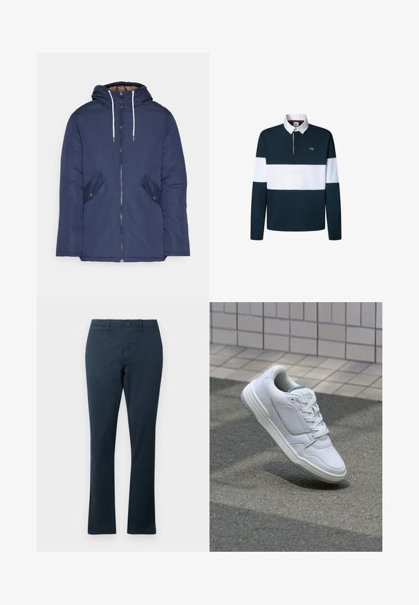 Jachetă căptușită bleu marin cu glugă, având un fermoar frontal, două buzunare laterale cu nasturi și șnururi albe.; Polo cu mânecă lungă, de culoare albastru închis și alb, cu guler, dungi contrastante și un mic logo brodat pe piept.; Pantaloni bleumarin dintr-un amestec de bumbac, cu un design cu picioare drepte, dotati cu buzunare frontale, închidere cu nasture și bucle pentru curea. Textură netedă.; Adidași din piele albă cu părți perforate, accente texturate, șireturi plate și un călcâi gri contrastant. Prezintă o talpă ușor ridicată.