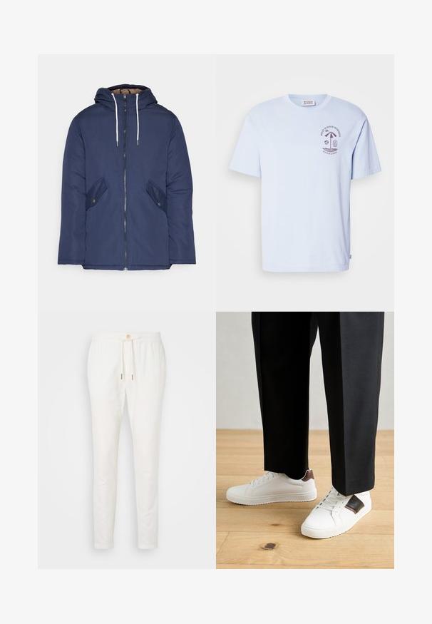 Chaqueta acolchada de color azul marino con capucha, cuenta con un cierre frontal de cremallera, dos bolsillos laterales con botones y cordones blancos.; Camiseta de algodón azul claro con cuello redondo y mangas cortas. Gráfico frontal que presenta una palmera y elementos de playa en marrón oscuro.; Pantalones de lino blancos con cintura ajustable, cierre de botón y corte entallado. Textura suave con un detalle mínimo y sin patrones visibles.; Zapatillas blancas con textura suave, con acentos de cuero marrón y detalles en negro, combinadas con pantalones negros ajustados. Fondo de suelo de madera.