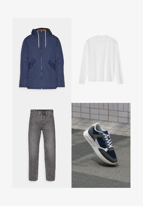 Jūrinė mėlyna pūkinė striukė su kapišonu, turinti priekinį užtrauktuką, dvi šonines kišenes su sagomis ir baltus raiščius.; Ilgos rankovės baltas medvilnės marškinėliai su apvaliu kaklu ir raukšlėtomis rankovėmis. Paprastas, be puošmenų dizainas, turintis lygią tekstūrą ir standartinę prigludimą.; Pilki džinsai su tiesiu kirpimu, penkiomis kišenėmis ir šiek tiek dėvėta tekstūra. Sukurta su ženkliniu diržu ir standartinėmis furnitūromis.; Sportiniai bateliai su tamsiai mėlynu tinkliniu viršumi, pilkais zomšiniais akcentais, balta guma padanga ir plokščiomis baltomis raištelėmis, sukurti komfortui ir oro pralaidumui.