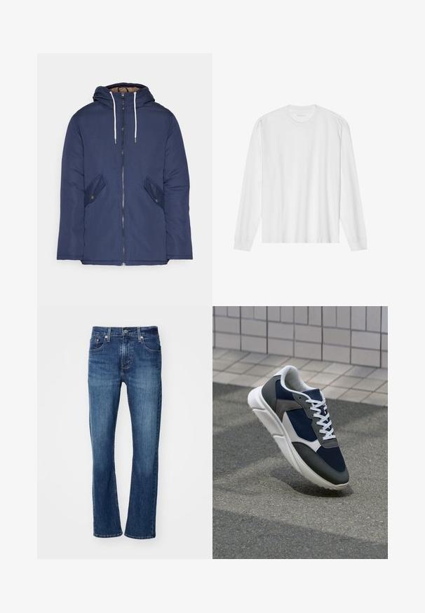 Marineblå polstret jakke med hette, med glidelås foran, to sidelommer med knapper og hvite snorer.; Langarmet hvit t-skjorte i bomull med rund hals og ribbestrikkede mansjetter. Enkelt, uornamentert design med glatt tekstur og standard passform.; Levi's® 502™ TAPER - Jeans Tapered Fit - records on; Sneakers med en navy blå mesh-overdel, grå sømværk, hvit gummisåle og flate hvite snører, designet for komfort og pusteevne.