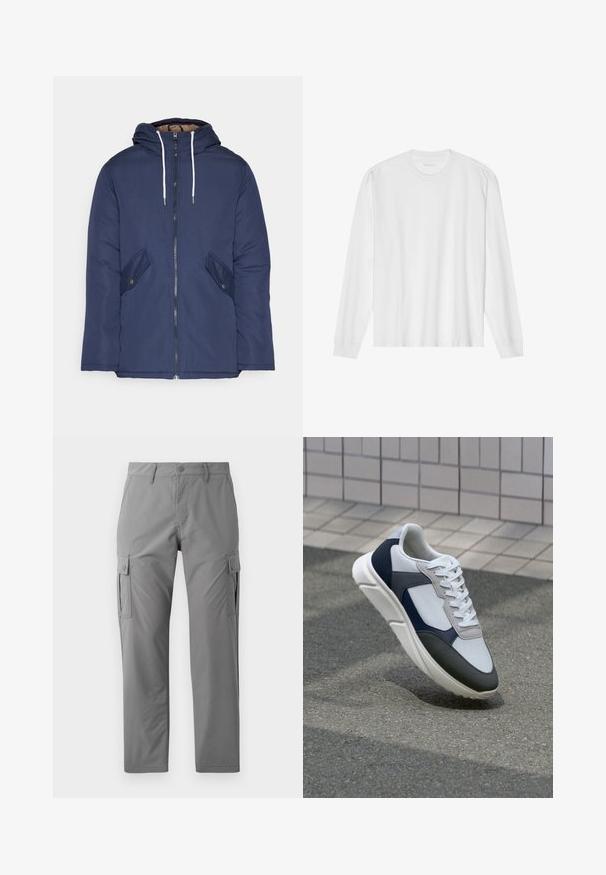 Jūrinė mėlyna pūkinė striukė su kapišonu, turinti priekinį užtrauktuką, dvi šonines kišenes su sagomis ir baltus raiščius.; Ilgos rankovės baltas medvilnės marškinėliai su apvaliu kaklu ir raukšlėtomis rankovėmis. Paprastas, be puošmenų dizainas, turintis lygią tekstūrą ir standartinę prigludimą.; Jack & Jones JPSTKARL KURTIS SNAP TECH - Kareiviško stiliaus kelnės - castle rock; Baltos, tamsiai mėlynos ir pilkos sportbačiai su mišriomis medžiagomis, turintys tekstūruotą viršutinę dalį, plokščius raištelius ir paminkštintą pado dalį.