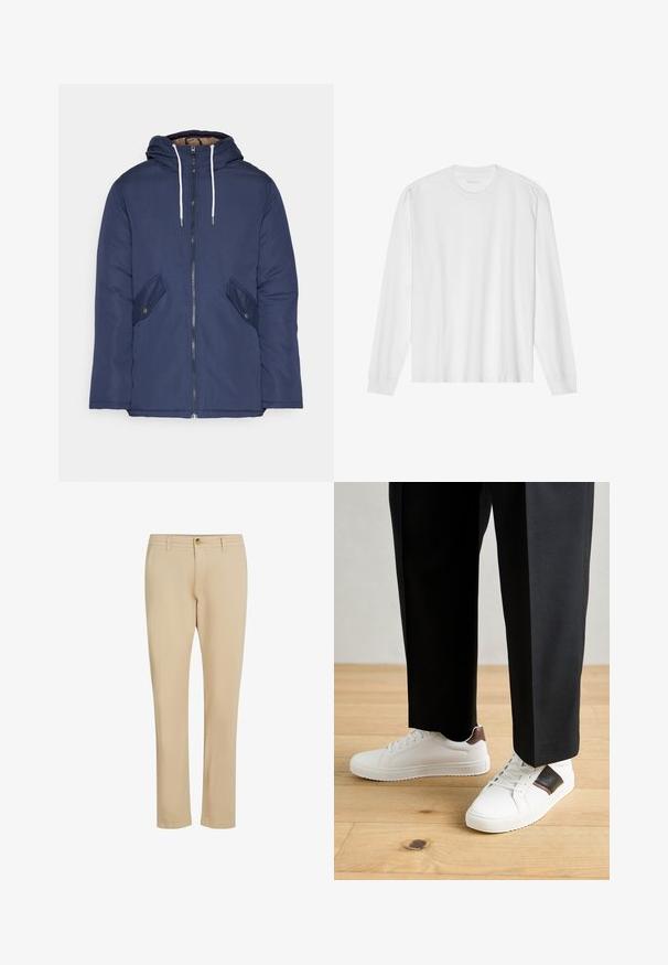 Marineblau gepadded Jacke mit Kapuze, ausgestattet mit einem Reißverschluss vorne, zwei seitlichen Taschen mit Knöpfen und weißen Kordeln.; Langärmliges weißes Baumwoll-T-Shirt mit Rundhalsausschnitt und gerippten Bündchen. Einfaches, ungeschmücktes Design mit glatter Textur und normaler Passform.; Beige Hosen mit geradem Bein, ausgestattet mit einem Reißverschluss und Knopfverschluss, aus glattem Stoff mit dezenten Steppnähten.; Weiße Sneakers mit glatter Textur, versehen mit braunen Lederakzenten und schwarzen Details, kombiniert mit schwarzen maßgeschneiderten Hosen. Hintergrund aus Holzboden.