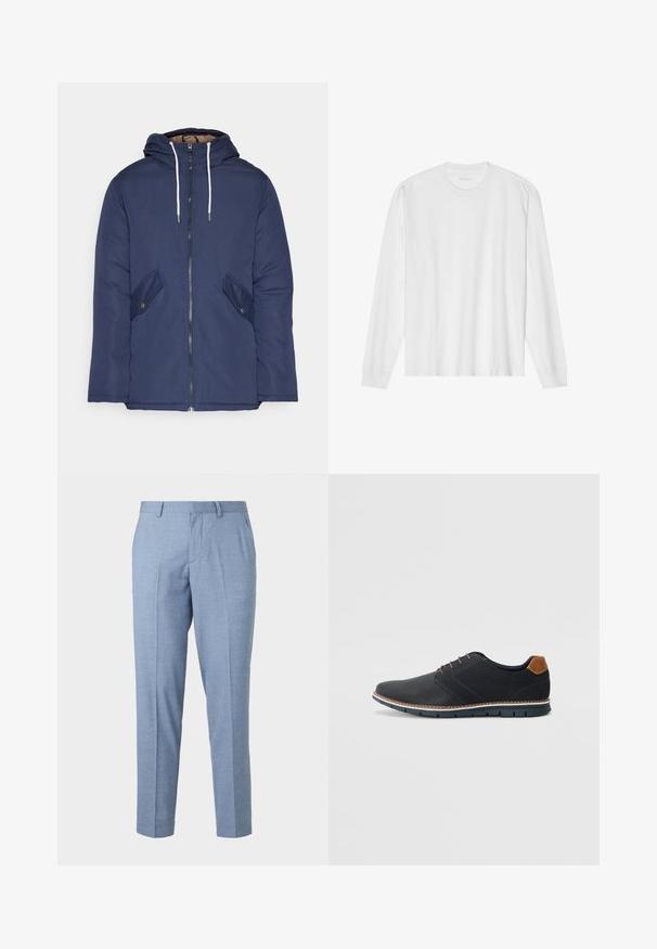 Marineblauwe gewatteerde jas met een capuchon, voorzien van een rits aan de voorkant, twee zijzakken met knopen en witte trekkoorden.; Wit katoenen t-shirt met lange mouwen, ronde hals en geribbelde manchetten. Eenvoudig, onopgesmukt ontwerp met een gladde textuur en een standaard pasvorm.; Lichtblauwe op maat gemaakte broek met een gestructureerde afwerking, op maat gemaakt ontwerp en rechte pijpen. Bevat voorzakken en riemlussen.; Zwarte synthetische schoenen met een gestructureerde bovenkant, gladde accenten, bruine hak en een contrasterende zool. Bevat minimale veters en stikdetails.