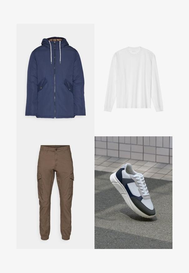 Navy blue padded jacket with a hood, featuring a front zipper, two side pockets with buttons, and white drawstrings.; Long-sleeve white cotton t-shirt with a crew neck and ribbed cuffs. Simple, unembellished design, featuring smooth texture and standard fit.; Cargo pants in a dark brown color, made of durable fabric. Features elastic cuffs, side pockets, and a front button closure.; White, navy, and gray sneaker with a mixed material design, featuring a textured upper, flat laces, and a cushioned sole.