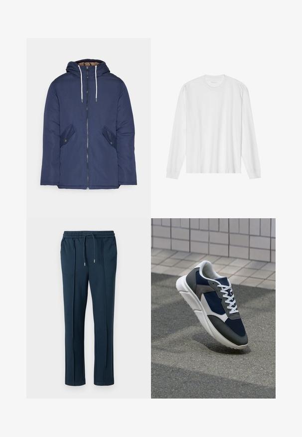 Marineblauwe gewatteerde jas met een capuchon, voorzien van een rits aan de voorkant, twee zijzakken met knopen en witte trekkoorden.; Wit katoenen t-shirt met lange mouwen, ronde hals en geribbelde manchetten. Eenvoudig, onopgesmukt ontwerp met een gladde textuur en een standaard pasvorm.; Marineblauwe broek met een elastische tailleband en trekkoord. Voorzien van zijzakken en een rechte pasvorm met een gladde textuur.; Sneaker met een marineblauwe mesh bovenwerk, grijze suède accenten, witte rubberen zool en platte witte veters, ontworpen voor comfort en ademend vermogen.