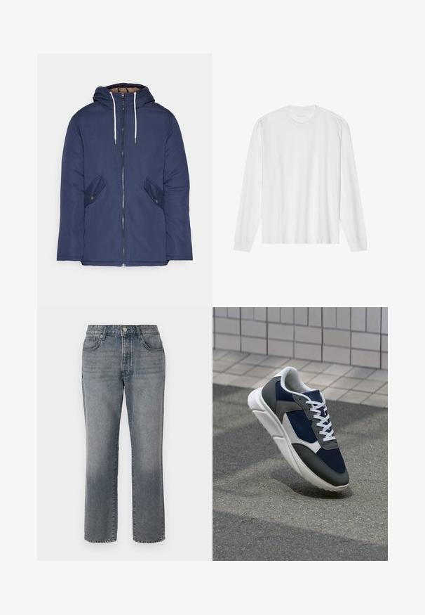 Jachetă căptușită bleu marin cu glugă, având un fermoar frontal, două buzunare laterale cu nasturi și șnururi albe.; Tricou alb din bumbac, cu mânecă lungă, gât rotund și manșete ribotate. Design simplu, fără ornamentație, cu o textură netedă și o croială standard.; Blugi din denim gri cu croi drept, design cu cinci buzunare și închidere cu buton și fermoar. Finisaj ușor decolorat cu cusături vizibile.; Adidași cu un uppers din plasă albastră închisă, accente din suede gri, talpă din cauciuc alb și șireturi plate albe, concepuți pentru confort și respirabilitate.