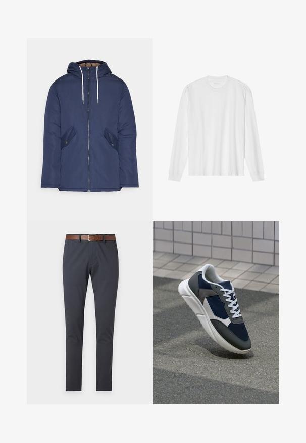 Marineblå polstret jakke med hette, med glidelås foran, to sidelommer med knapper og hvite snorer.; Langarmet hvit t-skjorte i bomull med rund hals og ribbestrikkede mansjetter. Enkelt, uornamentert design med glatt tekstur og standard passform.; Mørkeblå chinos med en jevn tekstur, utstyrt med et brunt lærbelte med en rektangulær sølvspenne, tilpasset passform og uten synlige mønstre.; Sneakers med en navy blå mesh-overdel, grå sømværk, hvit gummisåle og flate hvite snører, designet for komfort og pusteevne.