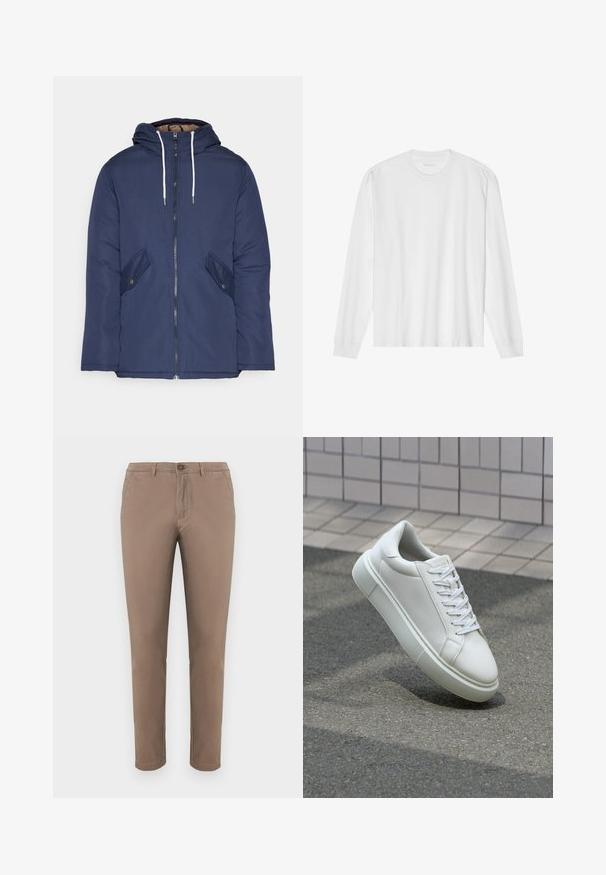 Jūrinė mėlyna pūkinė striukė su kapišonu, turinti priekinį užtrauktuką, dvi šonines kišenes su sagomis ir baltus raiščius.; Ilgos rankovės baltas medvilnės marškinėliai su apvaliu kaklu ir raukšlėtomis rankovėmis. Paprastas, be puošmenų dizainas, turintis lygią tekstūrą ir standartinę prigludimą.; Šviesiai rudi chinos kelnės su tiesiu kirpimu, mygtuko uždarymu, priekinėmis ir galinėmis kišenėmis, glotnia medvilnės medžiaga ir tvarkingu apdaila. Tinkamos kasdieniam dėvėjimui.; Balti odiniai sportbačiai su lygiu paviršiumi, apvalia nosimi ir plokščiomis baltomis raištelėmis. Yra tekstūruotas gumos padas ir minimalizmas dizaino elementuose.