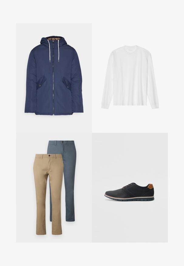 Mørkeblå polstret jakke med hætte, fremhævet af en frontlynlås, to sidelommer med knapper og hvide snore.; Langærmet hvid bomuldstrøje med rund hals og ribbede manchetter. Enkel, umasket design med en glat tekstur og standard pasform.; To par lige bukser: én i kaki og én i mørkeblå. Lavet af bomuld; har en talje og knaplukning.; Sorte syntetiske sko med en tekstureret overdel, glatte accenter, brun hæl og en kontrasterende sål. Har minimale snørebånd og syningsdetaljer.