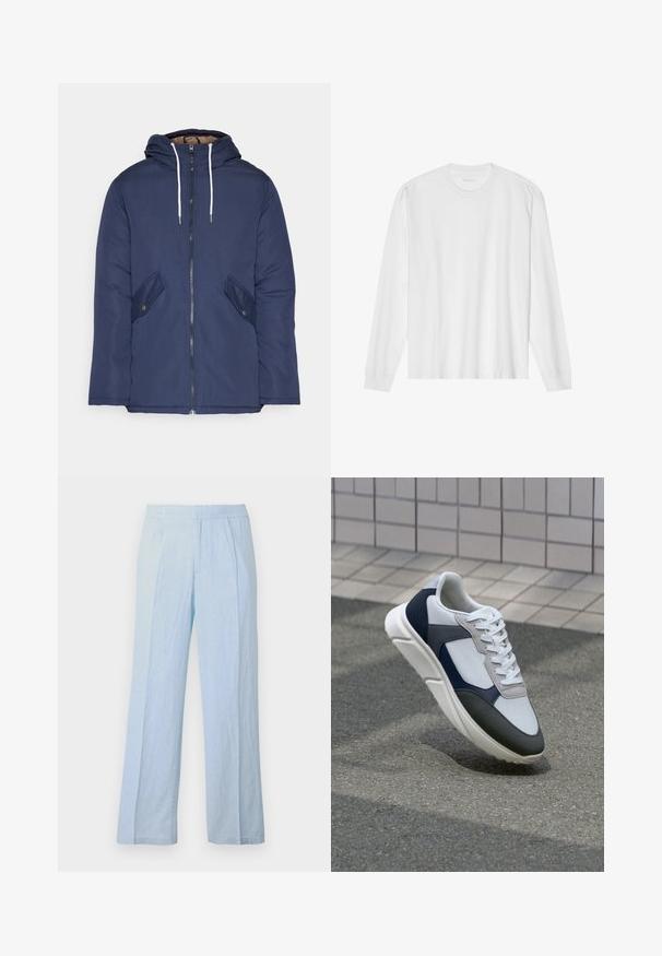 Mørkeblå polstret jakke med hætte, fremhævet af en frontlynlås, to sidelommer med knapper og hvide snore.; Langærmet hvid bomuldstrøje med rund hals og ribbede manchetter. Enkel, umasket design med en glat tekstur og standard pasform.; Lysblå, brede bukser i blødt stof med ribbet tekstur og elastisk talje, med frontfolder og en afslappet pasform.; Hvide, marineblå og grå sneakers med et design i blandede materialer, der har en tekstureret overdel, flade snørebånd og en polstret sål.