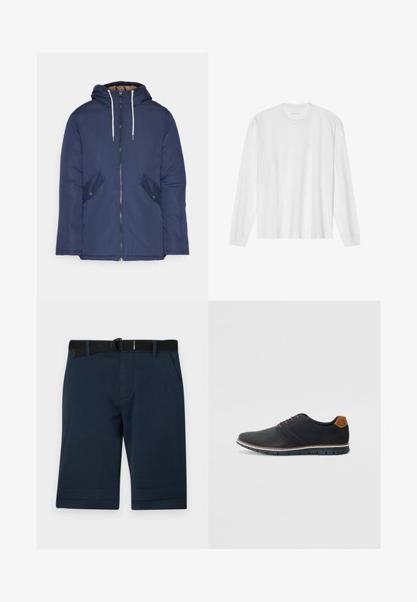 Námorně modrá prošívaná bunda s kapucí, která má přední zip, dvě boční kapsy s knoflíky a bílé šňůrky.; Bílá bavlněná trička s dlouhými rukávy, kulatým výstřihem a žebrovanými manžetami. Jednoduchý, nezdobený design, s hladkou strukturou a standardním střihem.; Námořnické modré šortky z texturované tkaniny, s černým nastavitelným pásem, dvěma bočními kapsami a rovno střiženým lemem.; Černé syntetické boty s texturovaným svrškem, hladkými detaily, hnědým podpatkem a kontrastní podrážkou. Obsahují minimální šněrování a švy.