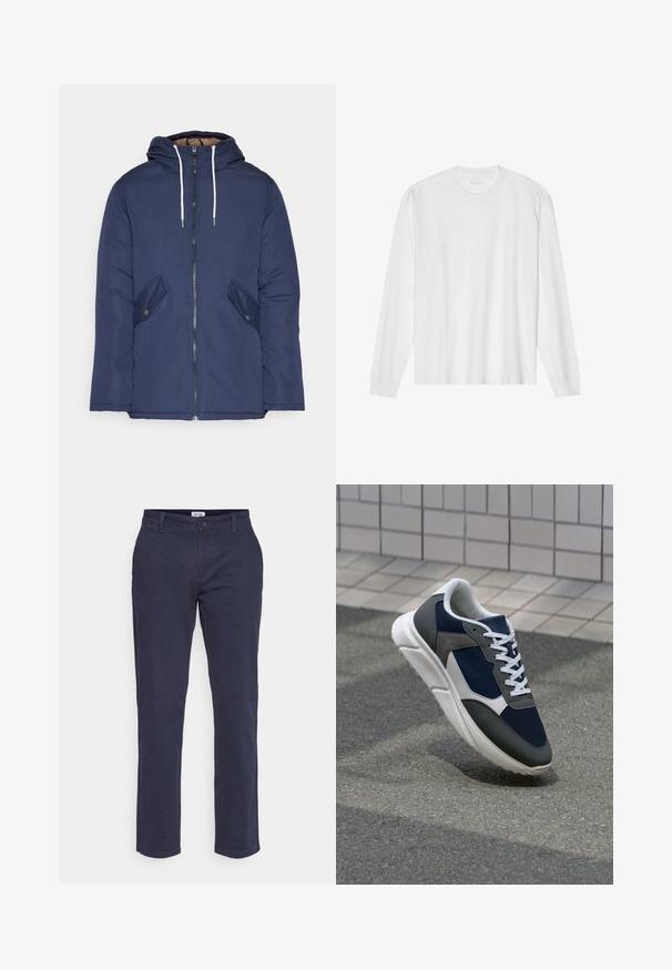 Tumesinine vahtkatseline jakk, millel on kapuuts, esilukk, kaks küljetaskut nupuga ja valged tõmblukud.; Pika, pikkide varrukatega valge puuvillane T-särk, millel on ümar kaelus ja soonikkoes mansetid. Lihtne, kaunistusteta disain, mis hõlmab siledat tekstuuri ja standardset sobivust.; Tumedad puuvillased püksid sirge lõikega, ees lukuga ja nupuga kinnitatud, viie taskuga ning peente õmblusdetailidega.; Sneaker, mille sinine võrkkangas, hallid nubukdetailid, valge kummitald ja lamedad valged paelad, disainitud mugavuseks ja hingavuseks.