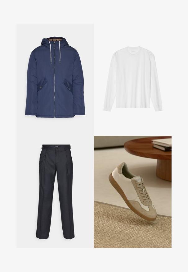 Sötétkék bélelt dzseki kapucnival, elülső cipzárral, két oldalsó zsebbel gombokkal és fehér húzózsinórokkal.; Hosszú ujjú fehér pamut póló, kerek nyakkivágással és bordázott mandzsettákkal. Egyszerű, díszítés nélküli dizájn, sima tapintással és normál fazonnal.; Sötétkék, pleat-es szabású nadrág sima anyagból. Gombos záródás és övpántok jellemzik. Letisztult, egyenes szárú dizájn.; Könnyű sneaker, fehér bőr felsőrésszel, bézs velúr díszítéssel, kerek orral és texturált barna gumitalppal.