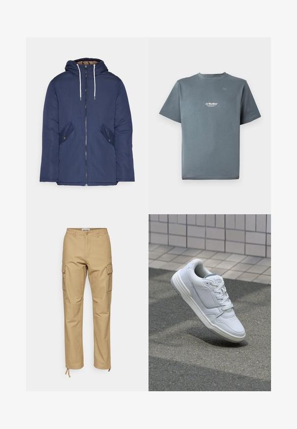 Marineblå polstret jakke med hette, med glidelås foran, to sidelommer med knapper og hvite snorer.; Grå bomull T-skjorte med rund hals, korte ermer, og en liten hvit "JJ Studios" logo på brystet. Glatt tekstur og avslappet passform.; Beige cargobukser med rett passform, laget av bomull. Funksjoner inkluderer sidelommer, knappelukking og justerbare ankelbånd.; Hvite lær sneakers med perforerte sider, teksturerte detaljer, flate lisser og en kontrasterende grå hæl. Har en lite hevet såle.