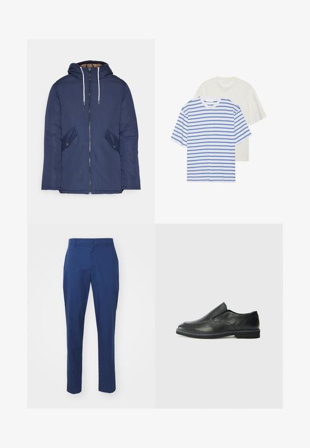 Námorně modrá prošívaná bunda s kapucí, která má přední zip, dvě boční kapsy s knoflíky a bílé šňůrky.; Dvě trička s krátkým rukávem: jedno bílé s modrými pruhy a jedno v jednobarevné světle krémové barvě. Měkký bavlněný materiál, kulatý výstřih, volný střih.; Námořnické modré chinos kalhoty vyrobené z hladkého materiálu, se zapínáním na knoflík, poutky na opasek a zúženými nohavicemi. Minimalistický design bez vzorů.; Černá kožená nazouvací bota s hladkým svrškem, prošívanými detaily, zaoblenou špičkou a nízkým gumovým podpatkem. Podešev má minimální vzorek.