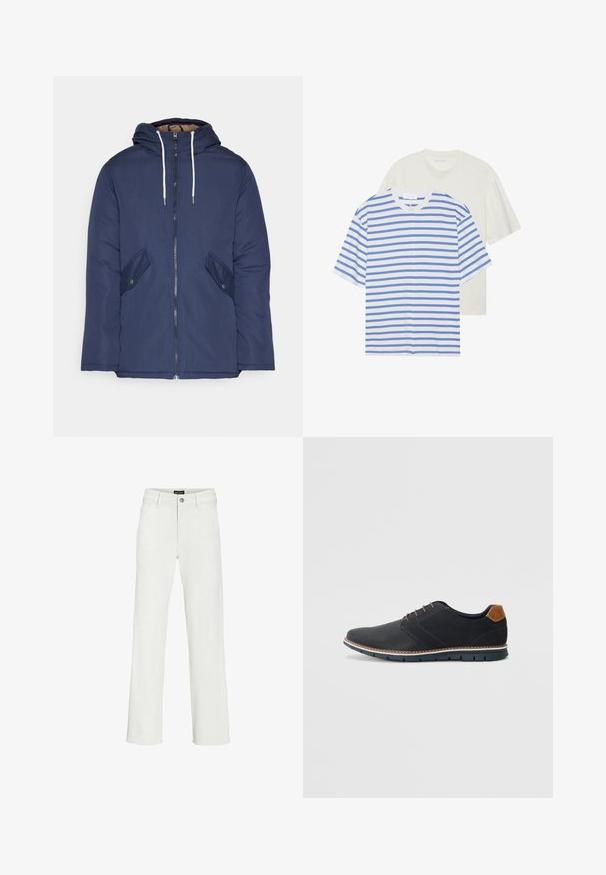 Námornícky modrá vystužená bunda s kapucňou, so zipsom vpredu, dvomi bočnými vreckami s gombíkmi a bielymi šnúrkami.; Dve tričká s krátkymi rukávmi: jedno biele s modrými prúžkami a jedno jednoliate svetlo krémové. Mäkký bavlnený materiál, dizajn s okrúhlym výstrihom, voľný strih.; Biele široké nohavice vyrobené z bavlnenej zmesi s predným zapínaním na gombík, pútkami na opasok a dvoma postrannými vreckami.; Čierne syntetické topánky so štruktúrovaným zvrškom, hladkými akcentmi, hnedým opätkom a kontrastnou podrážkou. Majú minimálne šnurovanie a detaily prešitia.