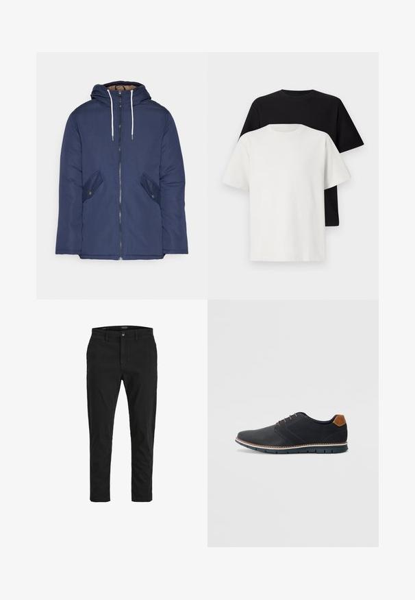 Jūras zila pufīgā jaka ar kapuci, kas aprīkota ar priekšējo rāvējslēdzēju, divām sānu kabatām ar pogām un baltiem aukliņām.; Kokvilnas T-kreklu komplekts, kas sastāv no melna un baltā T-krekla, abi ar īsām piedurknēm, apaļu kakla izgriezumu un standarta piegriezumu. Faktūras audums.; Melni chinos ar šauru piegriezumu, izgatavoti no kokvilnas. Iespējas: aizdare ar pogu, priekšējās kabatas un gluda tekstūra. Tīrs dizains bez rakstiem.; Melni sintētiskie apavi ar struktūru augšdaļā, gludu akcentu, brūnu papēdi un kontrastējošu zoli. Iezīmē minimālu šņorēšanu un šuvju detaļas.