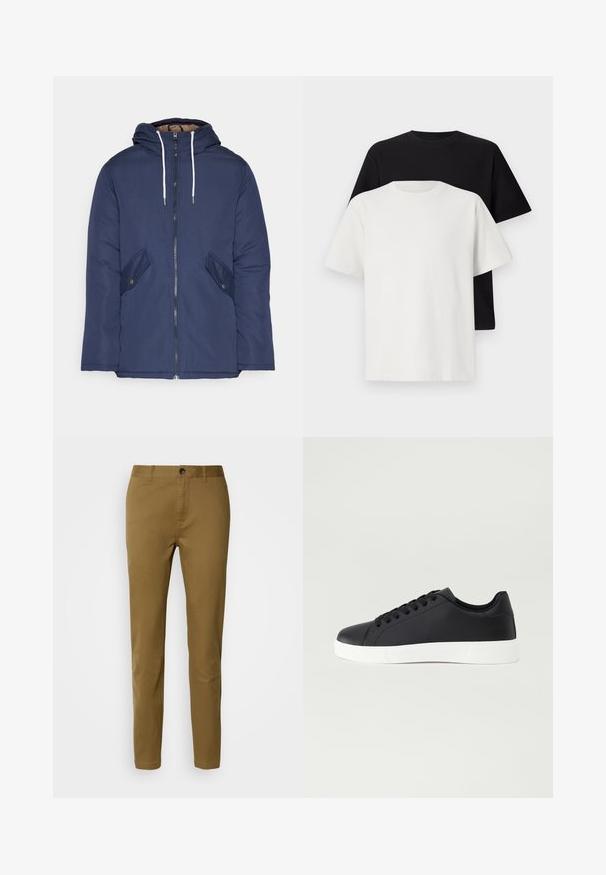 Mørkeblå polstret jakke med hætte, fremhævet af en frontlynlås, to sidelommer med knapper og hvide snore.; Sæt af bomulds T-shirts bestående af en sort top og en hvid top, begge med korte ærmer, rund halsudskæring og standard pasform. Tekstureret stof.; Brune bomuldsbukser med lige pasform, som har knaplukning og bæltestropper, glat tekstur og ingen synlige mønstre eller detaljer.; Pier One UNISEX - Sneakers - black