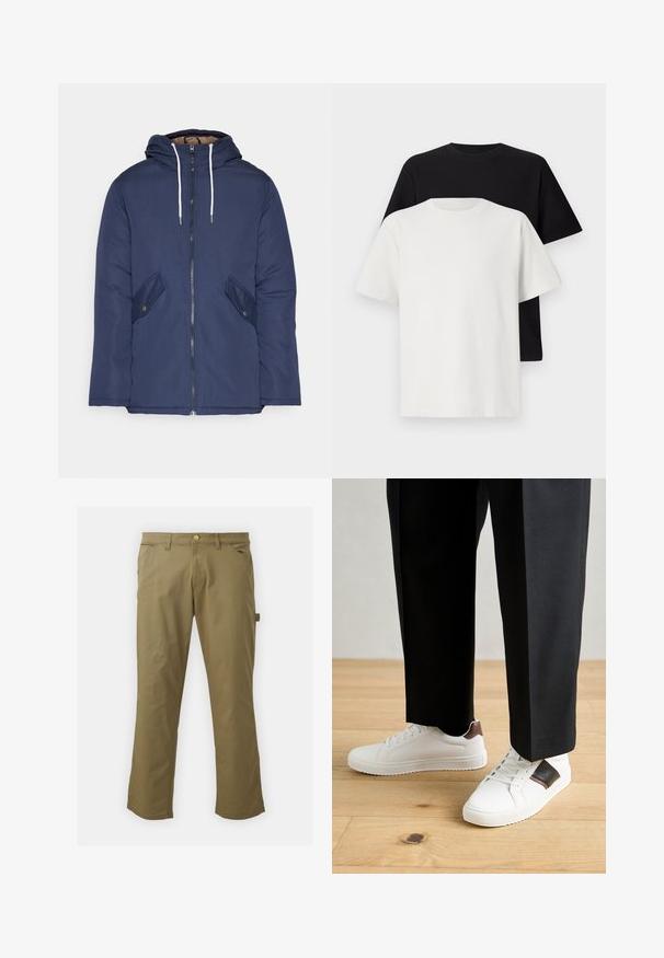 Jūrinė mėlyna pūkinė striukė su kapišonu, turinti priekinį užtrauktuką, dvi šonines kišenes su sagomis ir baltus raiščius.; Medvilniniai marškiniai, kuriuos sudaro juodas ir baltas marškinėliai, abu su trumpomis rankovėmis, apvaliu iškirpimu ir standartiniu sijonu. Tekstūruota medžiaga.; Kaki kelnės, pagamintos iš lygaus audinio, su mygtuko užsegimu, diržo kilpomis, dviem priekinėm kišenėm ir šonine kišene, tiesaus kirpimo.; Balti sportbačiai su glotnia danga, puošti rudais odiniais akcentais ir juodais detalėmis, derinami su juodais pritaikytais kelnėmis. Medinių grindų fonas.