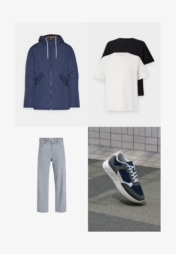 Navy blue padded jacket with a hood, featuring a front zipper, two side pockets with buttons, and white drawstrings.; Cotton t-shirt set featuring a black top and a white top, both with short sleeves, round neckline, and standard fit. Textured fabric.; Light blue denim jeans with a relaxed fit, straight leg design, visible stitching, two front pockets, and a button closure.; Sneaker featuring a navy blue mesh upper, gray suede accents, white rubber sole, and flat white laces, designed for comfort and breathability.