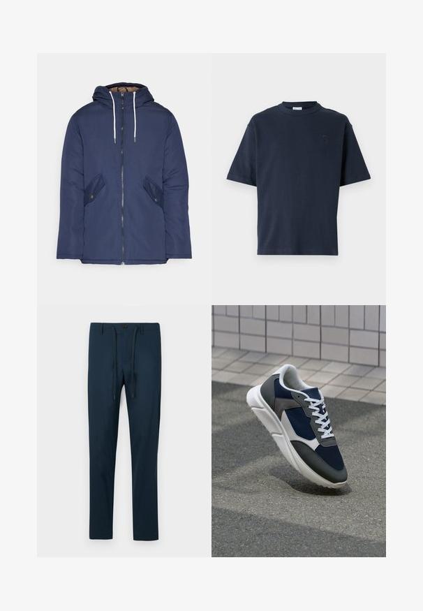 Jūrinė mėlyna pūkinė striukė su kapišonu, turinti priekinį užtrauktuką, dvi šonines kišenes su sagomis ir baltus raiščius.; Tamsiai mėlynas trumpomis rankovėmis marškinėliai, pagaminti iš medvilnės. Yra apvalus iškirpimas ir subtilus logotipas krūtinėje. Tiesioginis kirpimas be raštų.; Tamsiai mėlyni kelnių modeliai, pagaminti iš lengvos medžiagos, su knopkų uždarymu ir reguliuojamu raiščiu, turintys liekną, siaurėjantį siluetą.; Sportiniai bateliai su tamsiai mėlynu tinkliniu viršumi, pilkais zomšiniais akcentais, balta guma padanga ir plokščiomis baltomis raištelėmis, sukurti komfortui ir oro pralaidumui.