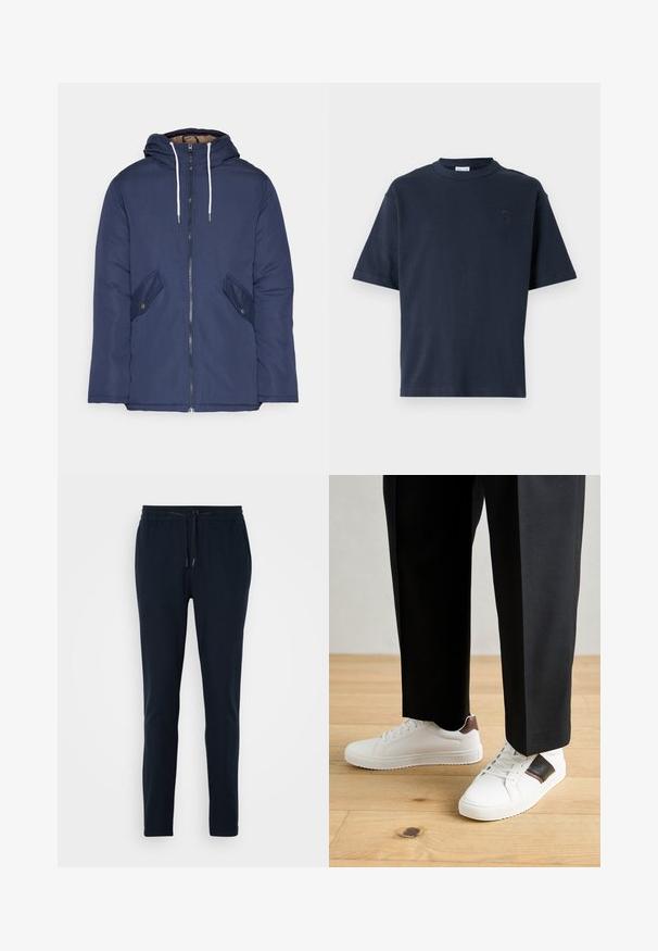 Námornícky modrá vystužená bunda s kapucňou, so zipsom vpredu, dvomi bočnými vreckami s gombíkmi a bielymi šnúrkami.; Námornícky modrý tričko s krátkym rukávom vyrobené z bavlny. Má okrúhly výstrih a jemné logo na hrudi. Priamy strih bez vzorov.; Námořnicky modré teplákové kalhoty vyrobené z měkké tkaniny s elastickým pasem, nastavovací šňůrkou a zúženým střihem nohavic.; Biele tenisky s hladkým povrchom, s hnedými koženými akcentmi a čiernymi detailmi, spárované s čiernymi elegantnými nohavicami. Pozadím je drevená podlaha.