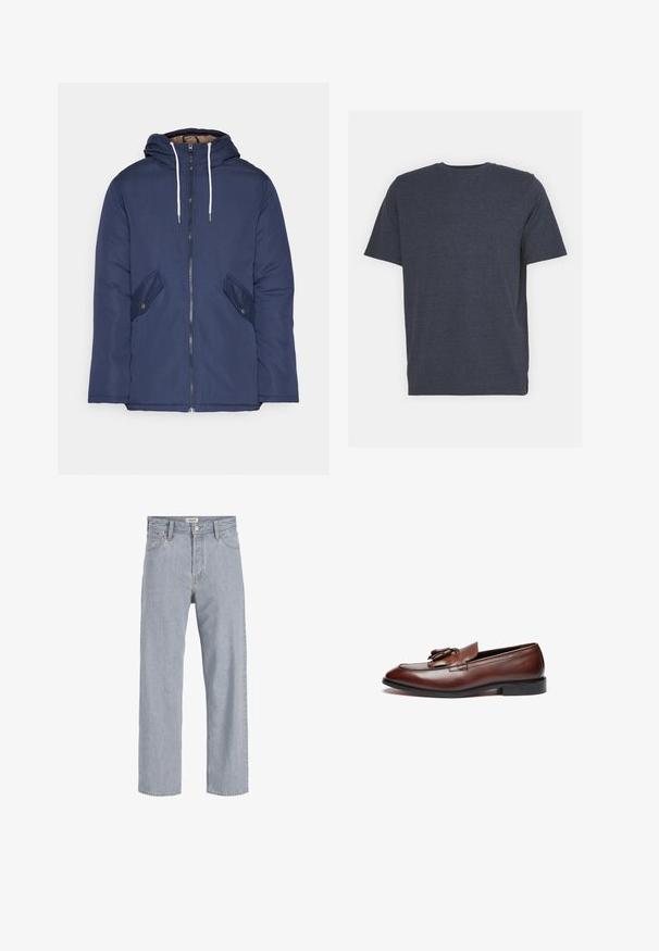 Jūrinė mėlyna pūkinė striukė su kapišonu, turinti priekinį užtrauktuką, dvi šonines kišenes su sagomis ir baltus raiščius.; Jūrų mėlynos spalvos apvalaus kaklo marškiniai, pagaminti iš minkštos medvilnės mišinio, su trumpomis rankovėmis ir įprastu kirpimu. Nėra matomų raštų ar akcentų.; Šviesiai mėlynos džinsinės kelnės su laisvu siluetu, tiesiomis kojomis, matomomis siūlėmis, dviem priekiniams kišenėmis ir mygtukų užtrauktuku.; Rudos odos loaferiai su lygia apdaila, dekoratyviniais kutais, apvalia nosimi ir mažu juodu guminiu padu.