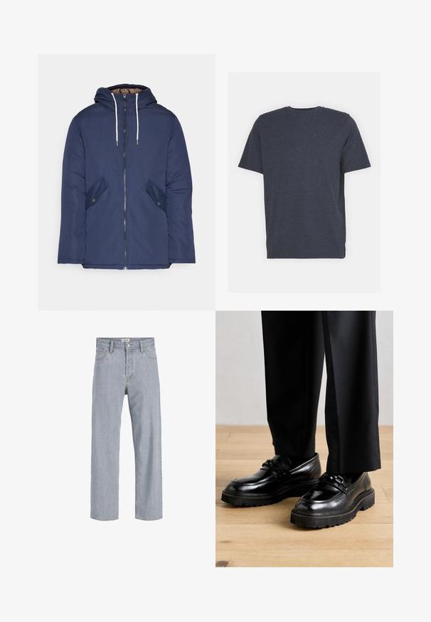 Marineblå polstret jakke med hette, med glidelås foran, to sidelommer med knapper og hvite snorer.; Marineblå T-skjorte med rund hals laget av myk bomullsblanding, med korte ermer og vanlig passform. Ingen synlige mønstre eller accenter.; Lyseblå denimbukser med avslappet passform, rett ben-design, synlige sømmer, to frontlommer og knappelukking.; Sorte skinnsko med en glatt finish, med en bred såle og dekorative korsbånd over vristen. Bært med skreddersydde sorte bukser.