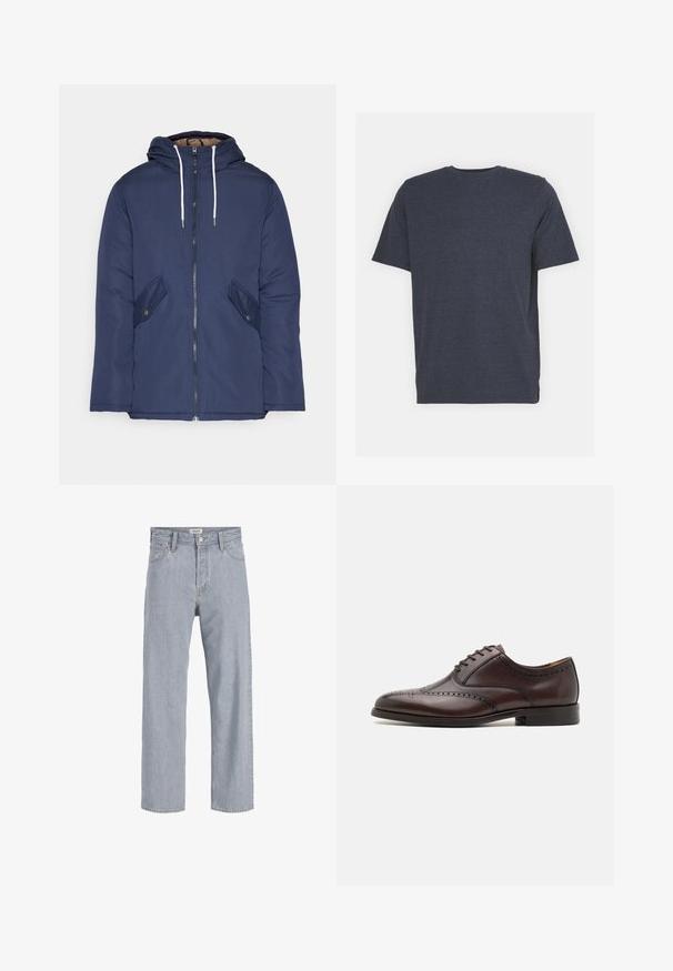 Námorně modrá prošívaná bunda s kapucí, která má přední zip, dvě boční kapsy s knoflíky a bílé šňůrky.; Navy modrá tričko s kulatým výstřihem vyrobené z jemné bavlněné směsi, s krátkými rukávy a regular fit. Žádné viditelné vzory ani akcenty.; Světlé modré denimové džíny s uvolněným střihem, rovnými nohavicemi, viditelným šitím, dvěma předními kapsami a zapínáním na knoflík.; ALDO DONALD - Elegantní šněrovací boty - dark brown