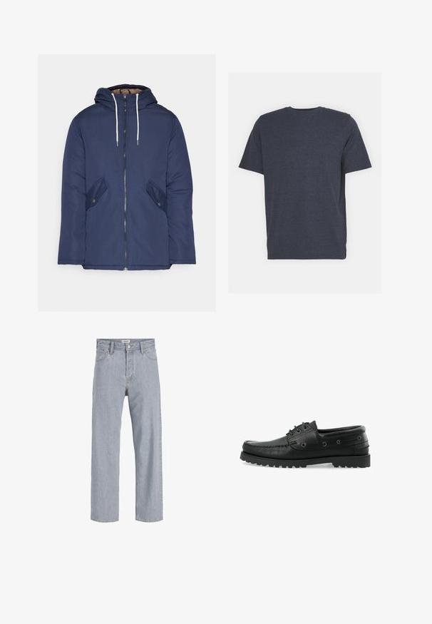 Tumesinine vahtkatseline jakk, millel on kapuuts, esilukk, kaks küljetaskut nupuga ja valged tõmblukud.; Tumed sinine ümar kaelusega T-särk, mis on valmistatud pehmest puuvilla segamisel põhinevast kangast, lühikeste varrukatega ja tavalise lõikega. Ilma nähtavate mustrite või aktsentideta.; Heledad sinine teksapüksid, millel on mugav lõige, sirged sääred, nähtavad õmblused, kaks eesmist taskut ja nööbkinnisega sulgemine.; Mustad mustakanga paadid tekstuuriga pinnaga, nöörimisega disain, kummist tallad haardega ning metallist silmad küljel.