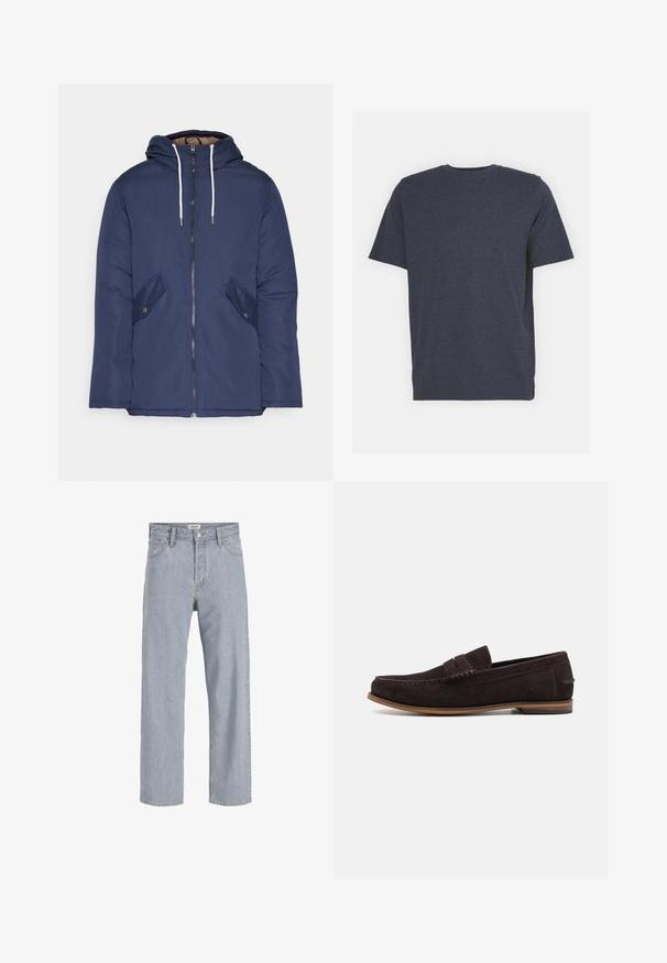 Veste matelassée bleu marine avec capuche, dotée d'une fermeture éclair à l'avant, de deux poches latérales avec boutons et de cordons de serrage blancs.; T-shirt bleu marine à col rond en tissu de coton mélangé doux, avec des manches courtes et une coupe régulière. Pas de motifs ni d'accents visibles.; Jean en denim bleu clair avec une coupe décontractée,à jambe droite, coutures visibles, deux poches avant et fermeture par bouton.; Mocassins en daim marron foncé avec un bout arrondi, une tige texturée et une semelle en caoutchouc marron clair. Présente une sangle décorative sur le devant.