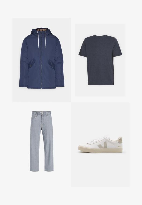 Sötétkék bélelt dzseki kapucnival, elülső cipzárral, két oldalsó zsebbel gombokkal és fehér húzózsinórokkal.; Sötétkék, kerek nyakú póló, puha pamut keverék anyagból készült, rövid ujjú és normál szabású. Nincsenek látható minták vagy díszítések.; Világoskék farmernadrág, laza szabású, egyenes lábú kialakítással, látható varrással, két elülső zsebbel és gombos záródással.; Fehér bőr sneaker bézs kiegészítőkkel, lapos gumi talppal, kerek orral és kontrasztos logóval az oldalon és hátul. Fűzős kivitel.