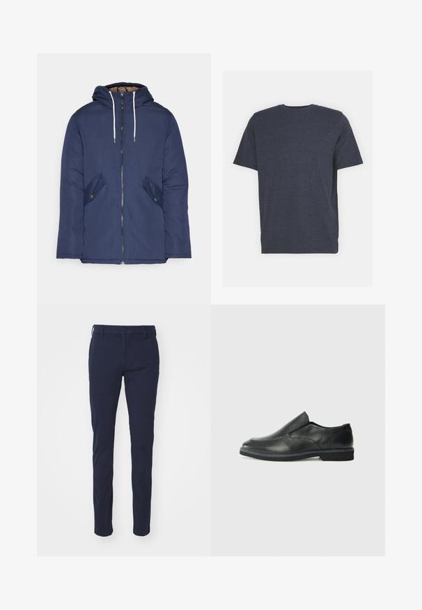 Marineblauwe gewatteerde jas met een capuchon, voorzien van een rits aan de voorkant, twee zijzakken met knopen en witte trekkoorden.; Navyblauwe crew neck T-shirt van zachte katoenmixstof, met korte mouwen en een normale pasvorm. Geen zichtbare patronen of accenten.; Marineblauwe broek met een gladde textuur, slim fit ontwerp, riemlussen, knoopsluiting en zijzakken. Geen zichtbare patronen of accenten.; Zwarte leren instapper met een soepele bovenkant, gestikte accenten, ronde neus en een lage rubberen hak. De zool heeft minimale profiel.