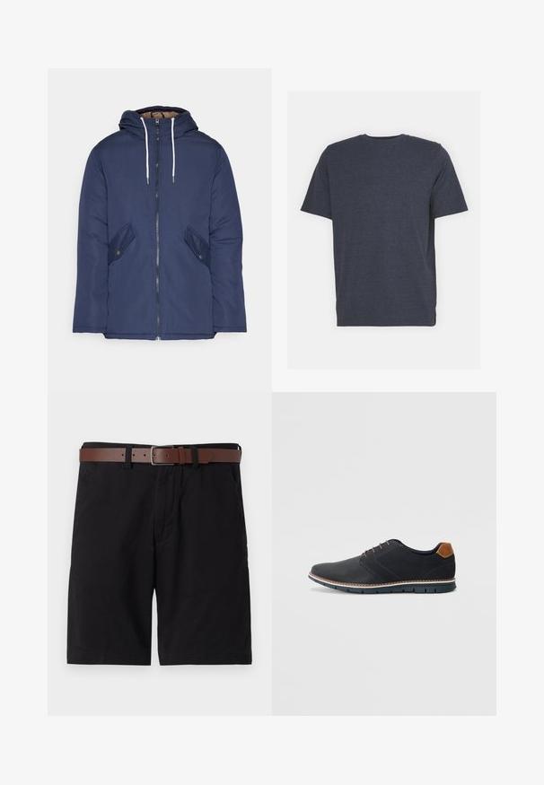 Mørkeblå polstret jakke med hætte, fremhævet af en frontlynlås, to sidelommer med knapper og hvide snore.; Mørkeblå t-shirt med rund hals i blødt bomuldsblandingsstof, med korte ærmer og en almindelig pasform. Ingen synlige mønstre eller detaljer.; Sorte bomulds shorts med et brunt læderbælte. Designet inkluderer forlommer og en lige pasform med færdige sømme.; Sorte syntetiske sko med en tekstureret overdel, glatte accenter, brun hæl og en kontrasterende sål. Har minimale snørebånd og syningsdetaljer.