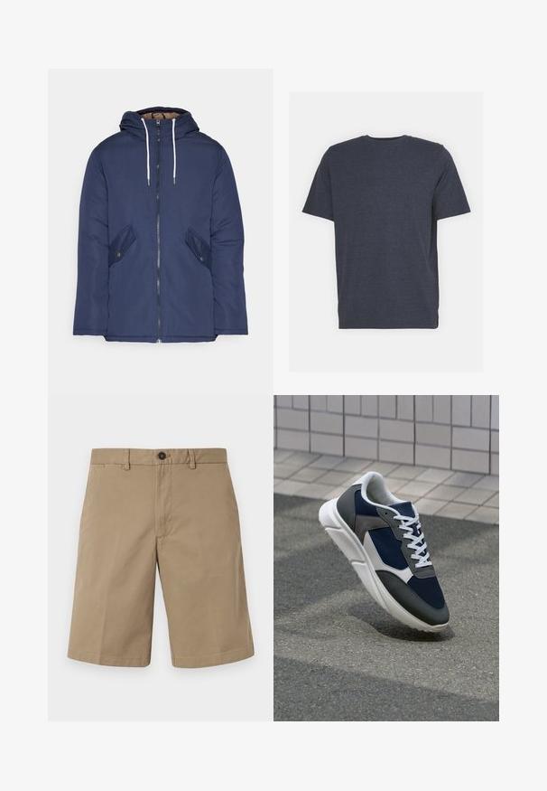 Sötétkék bélelt dzseki kapucnival, elülső cipzárral, két oldalsó zsebbel gombokkal és fehér húzózsinórokkal.; Sötétkék, kerek nyakú póló, puha pamut keverék anyagból készült, rövid ujjú és normál szabású. Nincsenek látható minták vagy díszítések.; Barna pamut rövidnadrág, egyenes szabással, két elülső zsebbel és gombos záródással. Sima textúra minimalista dizájnnal.; Cipő, amelynek sötétkék hálós felsőrésze, szürke velúr díszítései, fehér gumitalpa és lapos fehér fűzője van, a kényelem és a légáteresztő képesség érdekében tervezve.