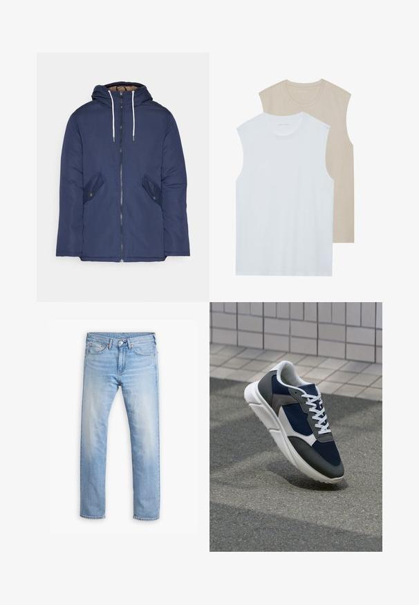 Veste matelassée bleu marine avec capuche, dotée d'une fermeture éclair à l'avant, de deux poches latérales avec boutons et de cordons de serrage blancs.; Deux chemises sans manches : l'une blanche, l'autre beige clair. Les deux ont un encolure ras du cou et sont fabriquées dans un tissu doux et lisse avec une coupe décontractée.; Jean en denim bleu clair avec une coupe droite, cinq poches et un bouton de fermeture. Présente un léger délavage et des accents de couture orange.; Baskets avec une tige en mesh bleu marine, des accents en suède gris, une semelle en caoutchouc blanc et des lacets plats blancs, conçues pour le confort et la respirabilité.