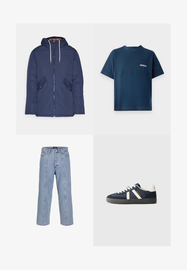 Sötétkék bélelt dzseki kapucnival, elülső cipzárral, két oldalsó zsebbel gombokkal és fehér húzózsinórokkal.; Sötétkék pamut póló rövid ujjakkal és kerek nyakkivágással. Bal mellen egy kis fehér logó található. Puha tapintású.; Világoskék farmernadrág laza fitte, széles szárakkal és látható varrási részletekkel. Gombos és cipzáras záródással, öt zsebével rendelkezik.; Sötétkék sneaker fehér cipőfűzőkkel, két fehér csíkkal az oldalán, fekete talppal, és arany és fekete "JACK & JONES" márkázással.