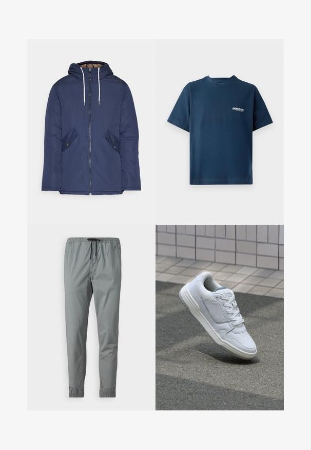 Sötétkék bélelt dzseki kapucnival, elülső cipzárral, két oldalsó zsebbel gombokkal és fehér húzózsinórokkal.; Sötétkék pamut póló rövid ujjakkal és kerek nyakkivágással. Bal mellen egy kis fehér logó található. Puha tapintású.; Szürke, laza nadrág rugalmas derékkal, fűzős záródással és szűkülő lábszárral. Simább anyag, rugalmas passzéval a bokáknál.; Fehér bőr sneaker perforált oldalakkal, texturált részletekkel, lapos fűzőkkel és kontrasztos szürke sarokkal. Enyhén megemelt talppal rendelkezik.